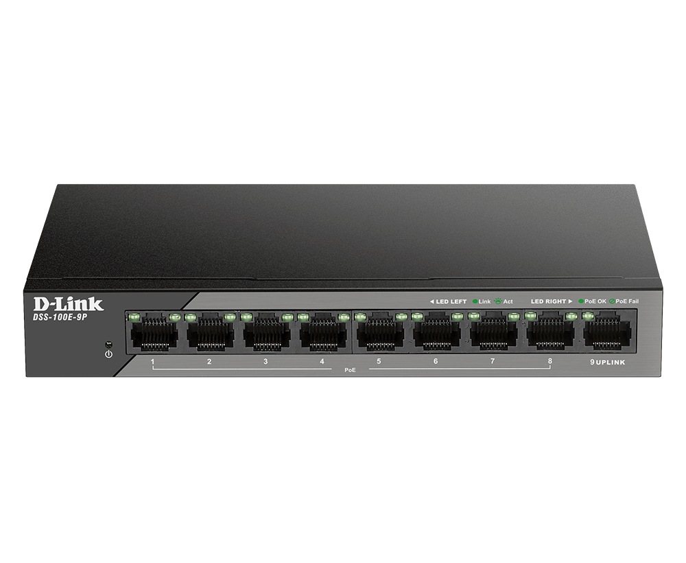 SWITCH PoE D-LINK Unmanaged 8 porturi 10/100Mbps (8 PoE) + 1 x Gigabit Uplink, carcasa metalica, "DSS-100E-9P"(timbru verde 2 lei)