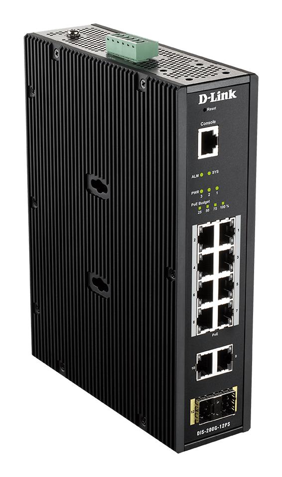 SWITCH INDUSTRIAL D-Link gigabit smart managed PoE, 2 x SFP, 8 x 10/100/1000Base-T PoE+, 2 x10/100/1000Base-T, carcasa metal "DIS-200G-12PS" (timbru verde 2 lei)