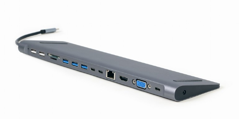 DOCKING Station Gembird universal, 9-in-1, conec PC USB-C,USB-Cx3, USB-A 3.1x3, USB-A 2.0x2, porturi video HDMIx1,VGAx1,PD 60W,RJ45,SD,microSD,Audio,argintiu "A-CM-COMBO9-01" (timbru verde 0.18 lei)