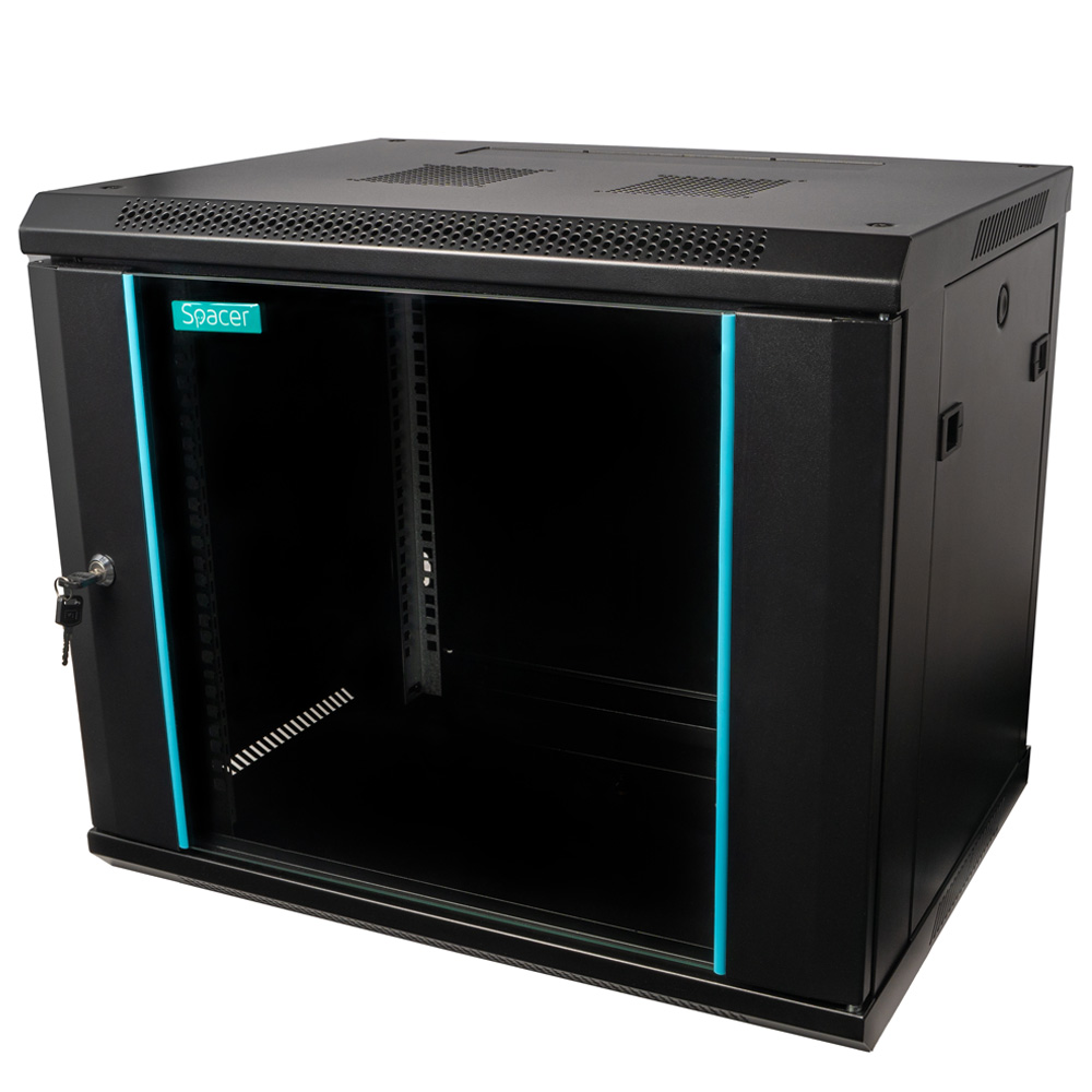 CABINET 19" SPACER 9U 600x450mm, fixare pe perete, Flatpack (dezasamblat), Black, usa sticla cu blocare, panouri detasabile, otel 1.5mm, sarcina maxima 60Kg, "SPCW-9U-450-BK-03"