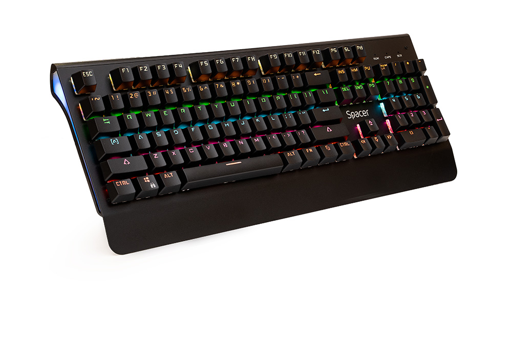 TASTATURA MECANICA SPACER USB, switch-uri mecanice albastre,iluminare RGB, 50 mil. apasari, 104 taste, anti-ghosting 26 taste, anti-spill, palm rest metalic, black "SPKB-MK-01" (timbru verde 0.8 lei)