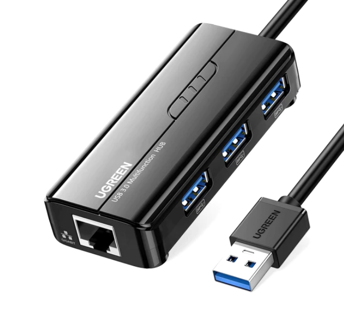 ADAPTOR RETEA Ugreen, "20265" extern, USB 3.0 (T) la port Gigabit RJ-45, porturi USB: USB 3.0 x 3, LED, negru "20265" (timbru verde 0.18 lei) - 6957303822652