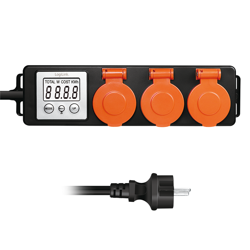 PRELUNGITOR LOGILINK, Schuko x 3, cablu 3G 1.5mm2, 230 V/16 A, 50 Hz, max. 3500 W, contor cost energetic, LCD, 3 butoane operare, IP44, de exterior, 1.4m, negru-portocaliu, "EM0008" (timbru verde 0.8 lei)