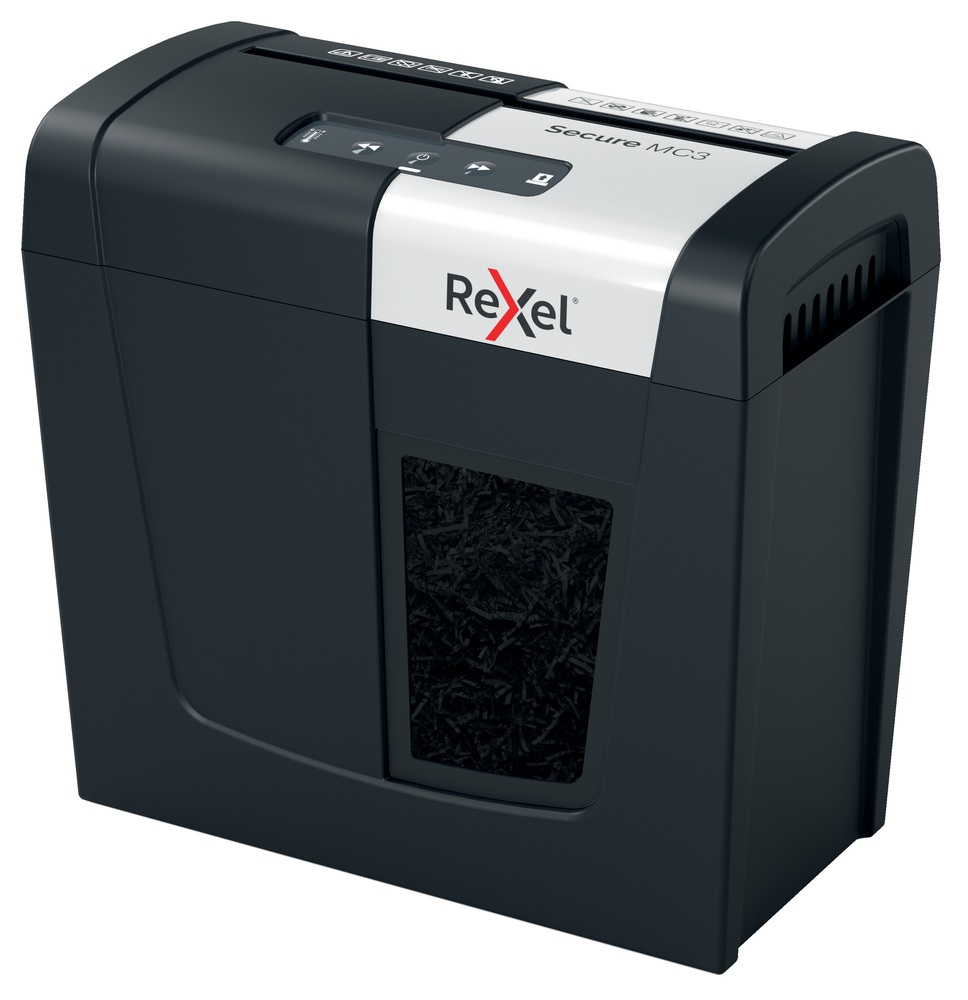 Distrugator manual documente Rexel SECURE MC3, 3 coli, P5, micro-cut (tip particule), cos 10 litri, negru-argintiu, "2020128EU" (timbru verde 11 lei)