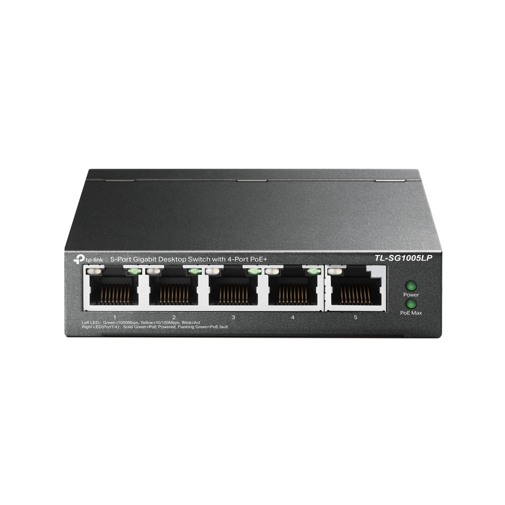 SWITCH PoE TP-LINK 5 porturi Gigabit (4 PoE+), IEEE 802.3at/af, 40W maxim total, carcasa metalica "TL-SG1005LP" (timbru verde 2 lei)