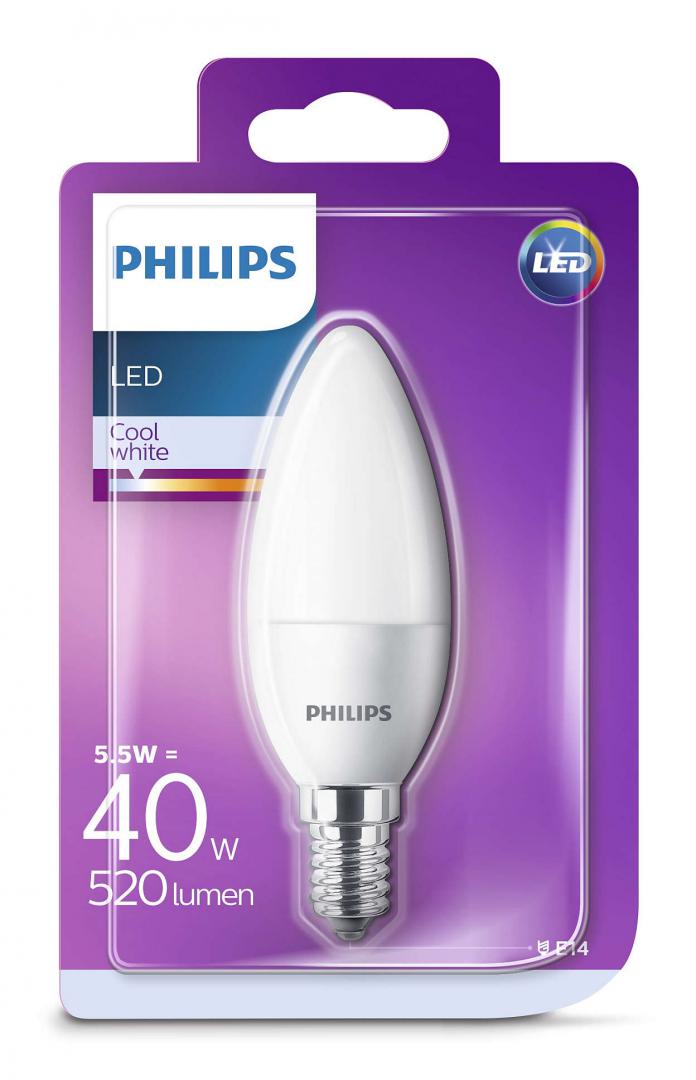 BEC LED Philips, soclu E14, putere 5.5W, forma lumanare, lumina alb calda, alimentare 220 - 240 V, "000008718696543542" (timbru verde 0.45 lei)