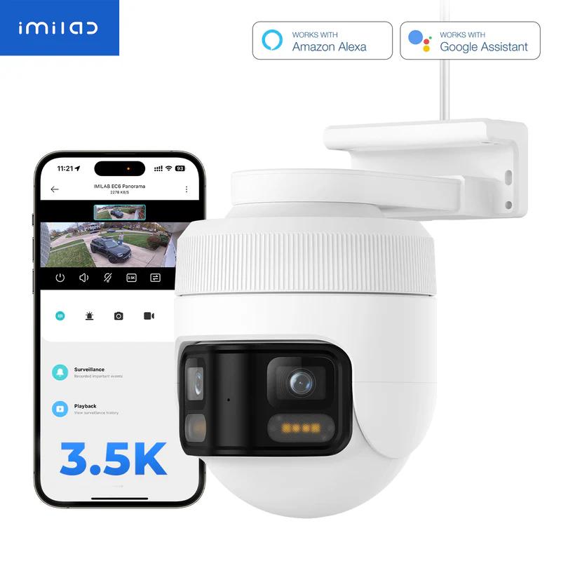 CAMERA IP Exterior Imilab, supraveghere 180 grade panorama, 3.5K, 3072x1620, IP66, dist. IR 30 m, 3 Mpx, RJ-45 + wireless, microfon, sirena, carcasa plastic, slot SD card da, "EC6 Panoroma" (timbru verde 0.8 lei)