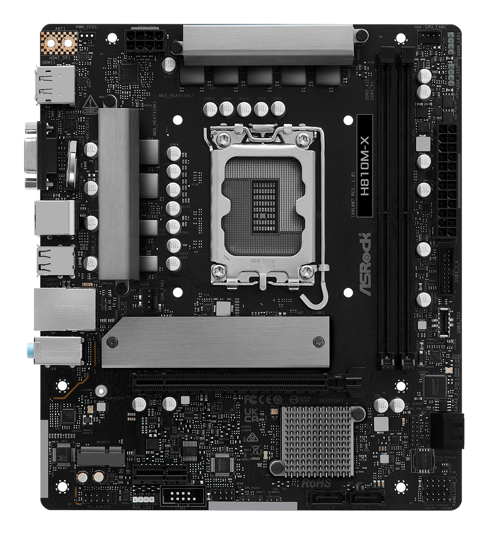 Placa de baza AsRock "H810M-X ", skt. LGA 1851, chipset Intel H810, mATX, 2 x DDR5 max. 128 GB, USB 3.2 gen1 A, Type-C, USB 2.0, 2.5 GHz Lan, 4 x SATA, 2 x M.2, PCIe 4.0, HDMI, VGA, DisplayPort, "H810M-X "