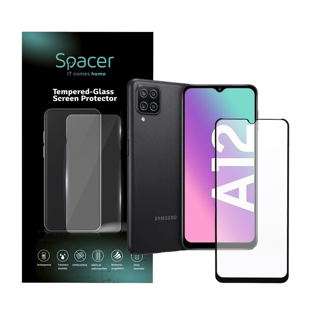 FOLIE STICLA Spacer pentru Samsung Galaxy A12, grosime 0.3mm, acoperire totala ecran, strat special anti-ulei si anti-amprenta, Tempered Glass, sticla 9D, duritate 9H "SPPG-SM-GX-A12-TG"