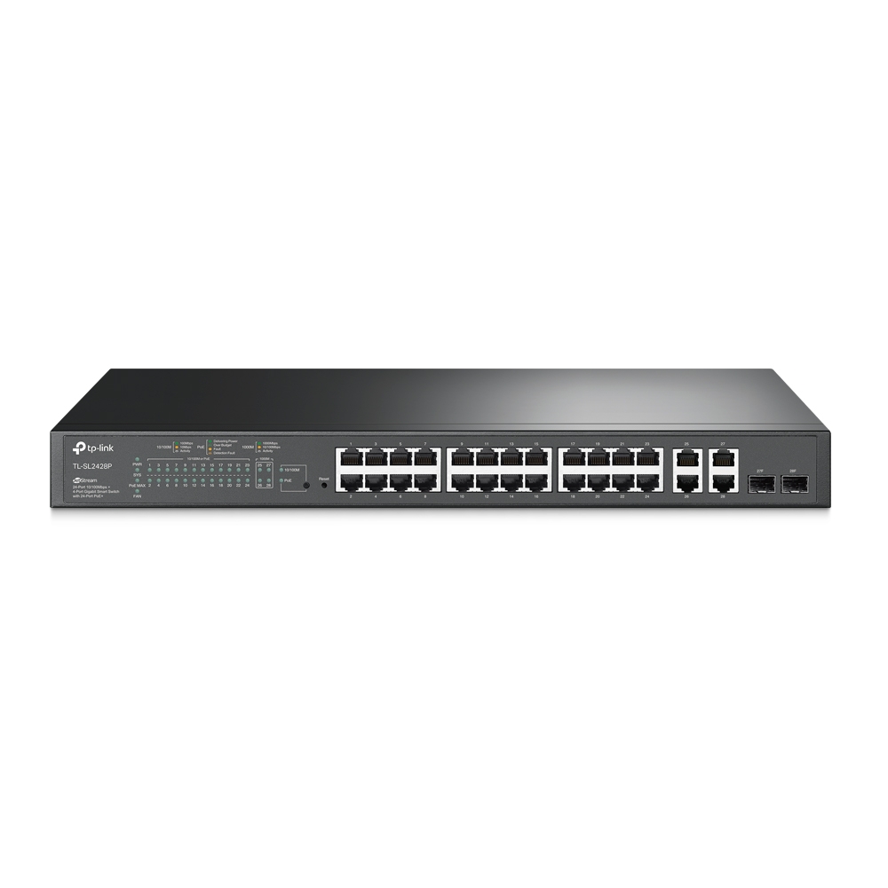 SWITCH SMART TP-Link 24 PORTURI POE+ 10/100M + 4 PORTURI 10/100/1000M, 2 sloturi Gigabit SFP , TP-LINK "TL-SL2428P" (timbru verde 2 lei)