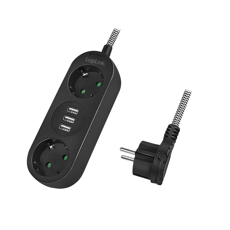 PRELUNGITOR LOGILINK, Schuko x 2, conectare prin Schuko (T), USB x 3, cablu 1.5 m, 16 A, fara protectie, negru, "LPS262U" (timbru verde 0.18 lei)