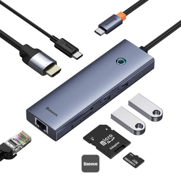 DOCKING STATION Baseus UltraJoy 7 in 1, input USB Type-C, output HDMI4K@60Hz x 1, USB3.0 x 2, PD x 1, card reader SD/micro SD x 1, RJ45 x 1, gri "B00052805813-00" (timbru verde 0.18 lei) - 6932172630744