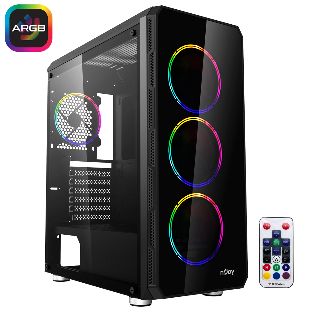 CARCASA NJOY Middle Tower,ATX, "ACRUX", fara sursa,sticla securizata,fanx4,USB 2.0x1,USB 3.0x2,Jack 3.5mmx2, mesh,fan ctr (inclusiv RGB),telecomanda,negru "CSMD-E000UAX-BL01B" (timbru verde 0.35 lei)