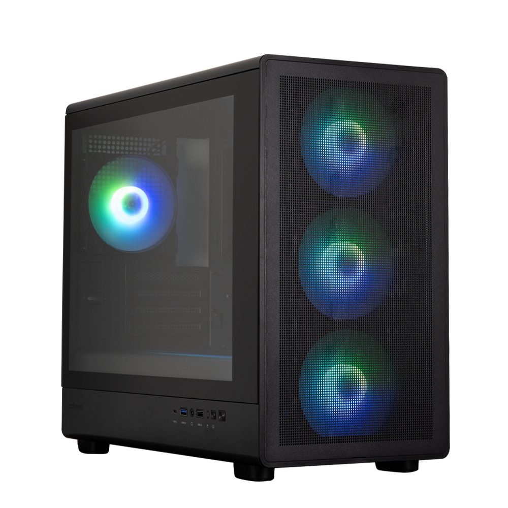 CARCASA Zalman "M5", mini tower, gaming, fara sursa, suporta 12xfan, 4xfan inclus, PSU shroud, afisaj electronic, USB Type-C x 1, USBx2, audio+mic, 4 sloturi expansiune, negru, "M5 Black" (timbru verde 0.32lei)