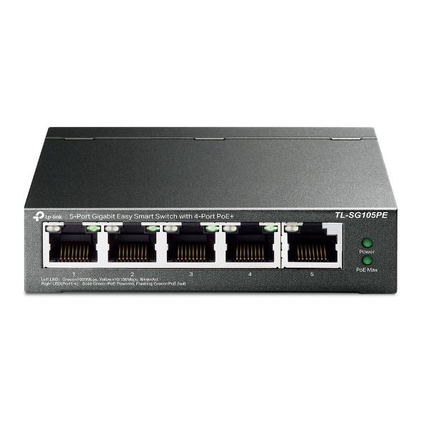 SWITCH TP-LINK 5 porturi Gigabit Easy Smart, 4-Port PoE+, carcasa metalica "TL-SG105PE" (timbru verde 2 lei)