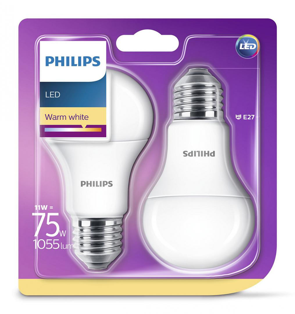SET 2 becuri LED Philips, soclu E27, putere 11W, forma clasic, lumina alb calda, alimentare 220 - 240 V, "000008718696586112" (timbru verde 0.9 lei)