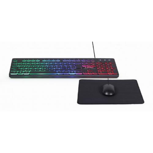 KIT wired GEMBIRD, 3-in1 desktop, tastatura multimedia 104 taste backlight + mouse optic 1000dpi 3 butoane rotita scroll + pad 300x250mm, cablu 1.5m, black "KBS-UML-01" (timbru verde 0.8 lei)