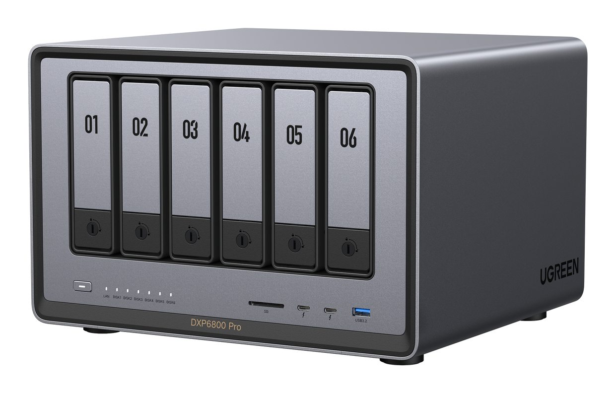 NAS Ugreen "DXP6800Pro", CPU i5 4.40 GHz, RAM DDR5 8Gb max 64Gb, SATA 32Tx6 si M.2 8Tx2, LAN 10Gbx2, 2xThunderbolt4, 2xUSB3, HDMI 2.1 8K, card reader, "25899B" (timbru verde 7 lei) - 6941876267514