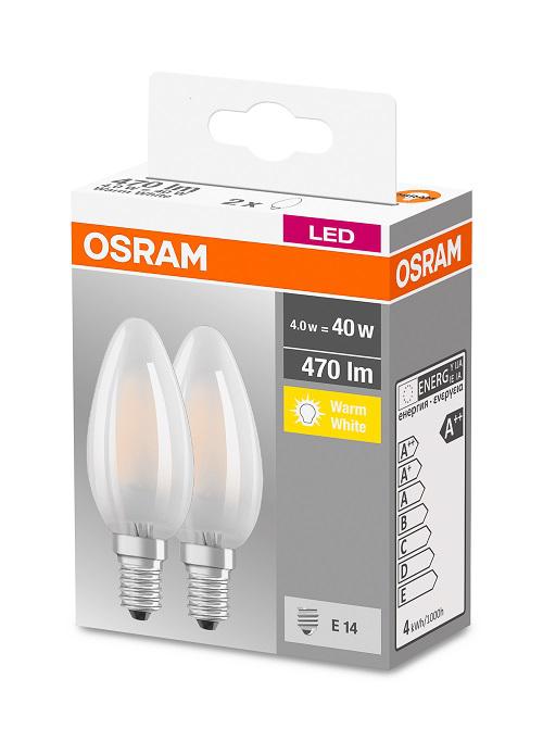 SET 2 becuri LED Osram, soclu E14, putere 4W, forma lumanare, lumina alb calda, alimentare 220 - 240 V, "000004058075803930" (timbru verde 0.9 lei)
