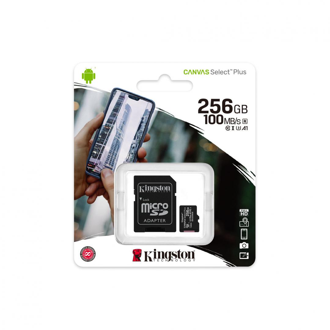 CARD MicroSD KINGSTON, 256 GB, microSDXC, clasa 10, standard UHS-I U3, "SDCS2/256GB" (timbru verde 0.03 lei)