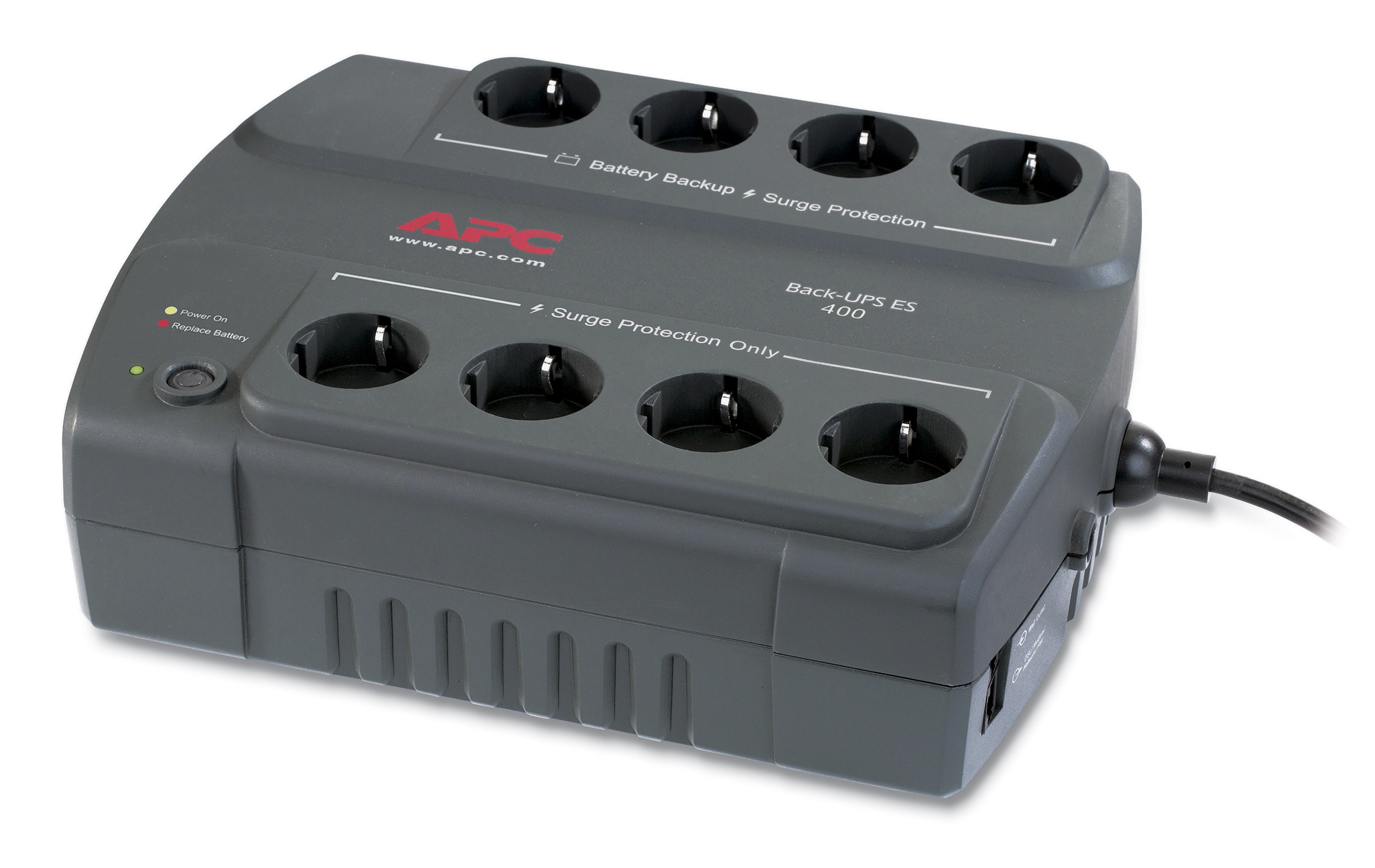 UPS APC, "Back-UPS ES", offline cu sinusoida simulata, brick, 400VA/240W, Schuko x 8, LED, back-up 11 - 20 min., "BE400-GR", (WBEXTWAR1YR-SP-01/WBEXTWAR3YR-SP-01), (timbru verde 11 lei)