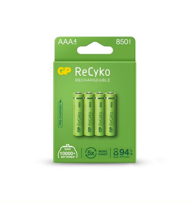 Acumulatori GP Batteries, ReCyco 850mAh AAA (LR03) 1.2V NiMH, paper box 4 buc. 85AAAHCE-EB4, "GPRHCH83E016" (timbru verde 0.32 lei)