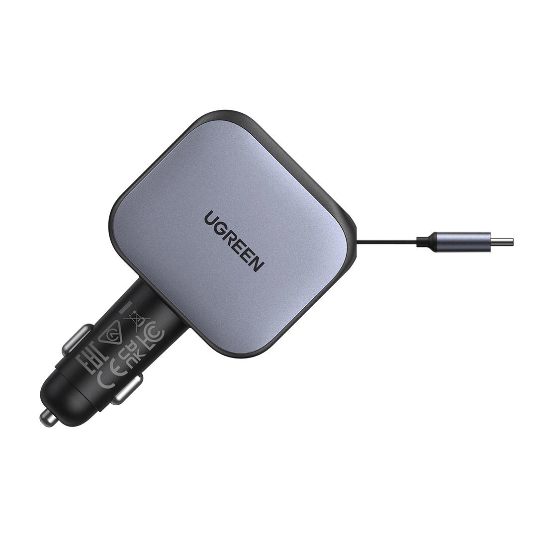 INCARCATOR auto Ugreen, "EC602" 1 x USB, 1 x USB Type-C, include cablu retractabil 0.7m USB Type-C, total output 60W, pt. bricheta auto, gri "55212B" (timbru verde 0.8 lei)