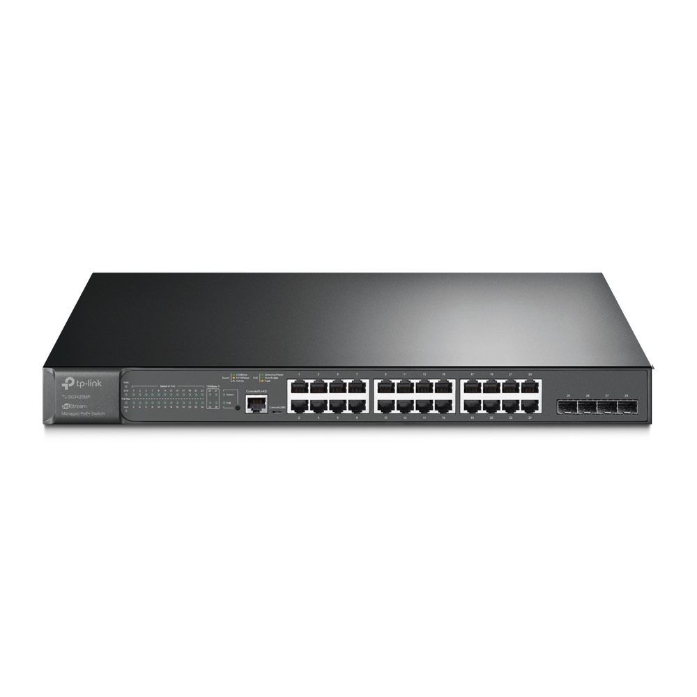 Switch TP-Link cu management L2, 24 Porturi Gigabit POE+, 4× Gigabit SFP Slots, 1× RJ45 Console Port, 1× Micro-USB Console Port "TL-SG3428MP" (timbru verde 2 lei)