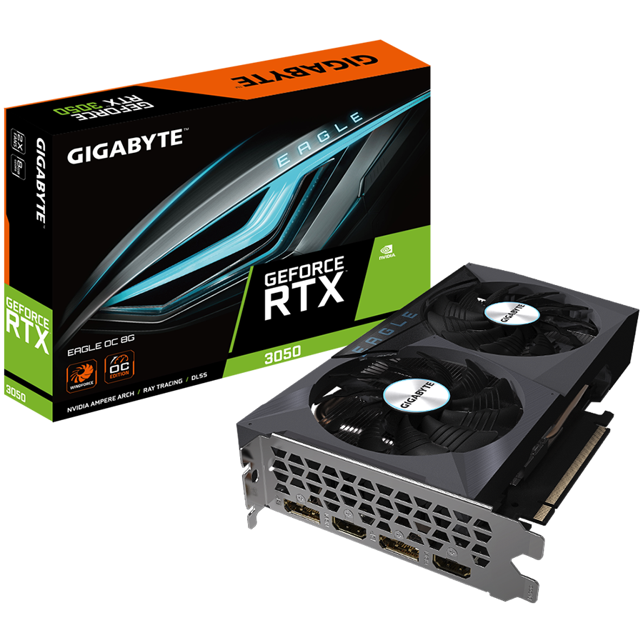 GIGABYTE Video Card NVidia GeForce RTX 3050 EAGLE OC 8G GDDR6/128bit, PCI-E 4.0, 2xDP 1.4a, 2xHDMI 2.1, WINDFORCE 2X, Protection Back Plate, ATX Retail, "GV-N3050EAGLE OC-8GD"