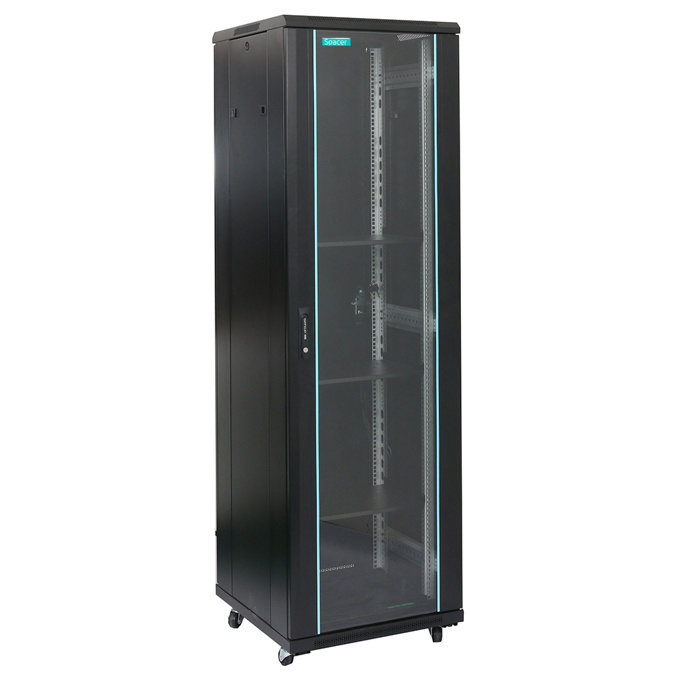 CABINET 19" SPACER 27U 600x800mm, de podea, Flatpack (dezasamblat), Black, usa sticla cu blocare, panouri laterale detasabile, otel 2mm, sarcina maxima 1000Kg, "SPCN-27U-800-BK-03"