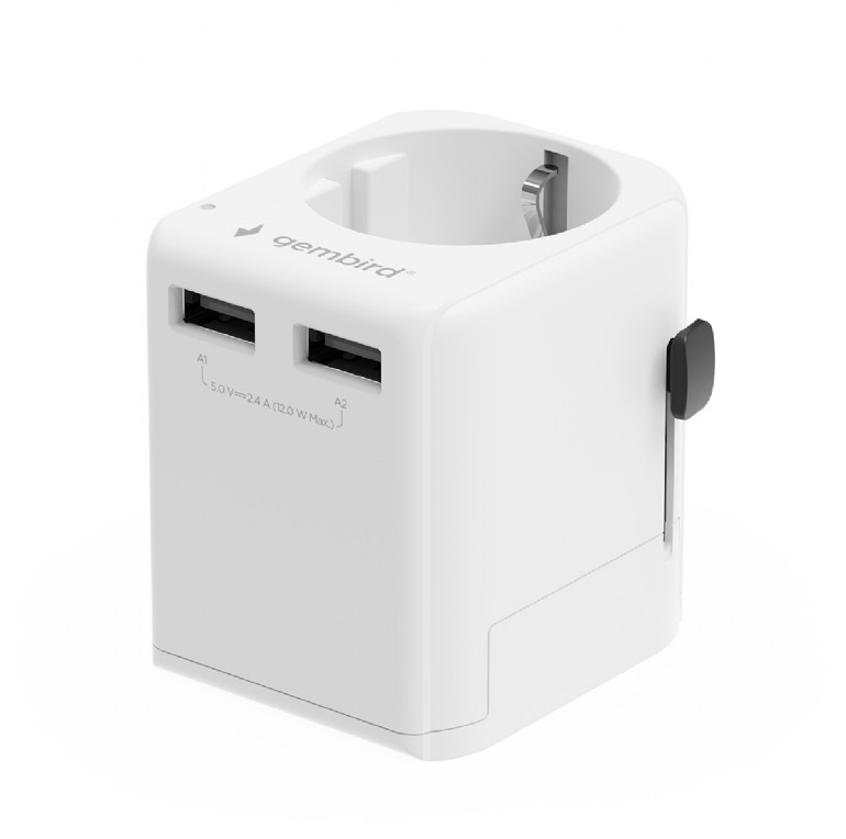 ADAPTOR GEMBIRD, universal, EU la conectori: US/UK/CN/AU, cu impamantare, 1x Schuko, 2x USB-A 12W, siguranta 10A, max. 2500W, alb, "TPA-EU2A12-01-W" (timbru verde 0.18 lei)