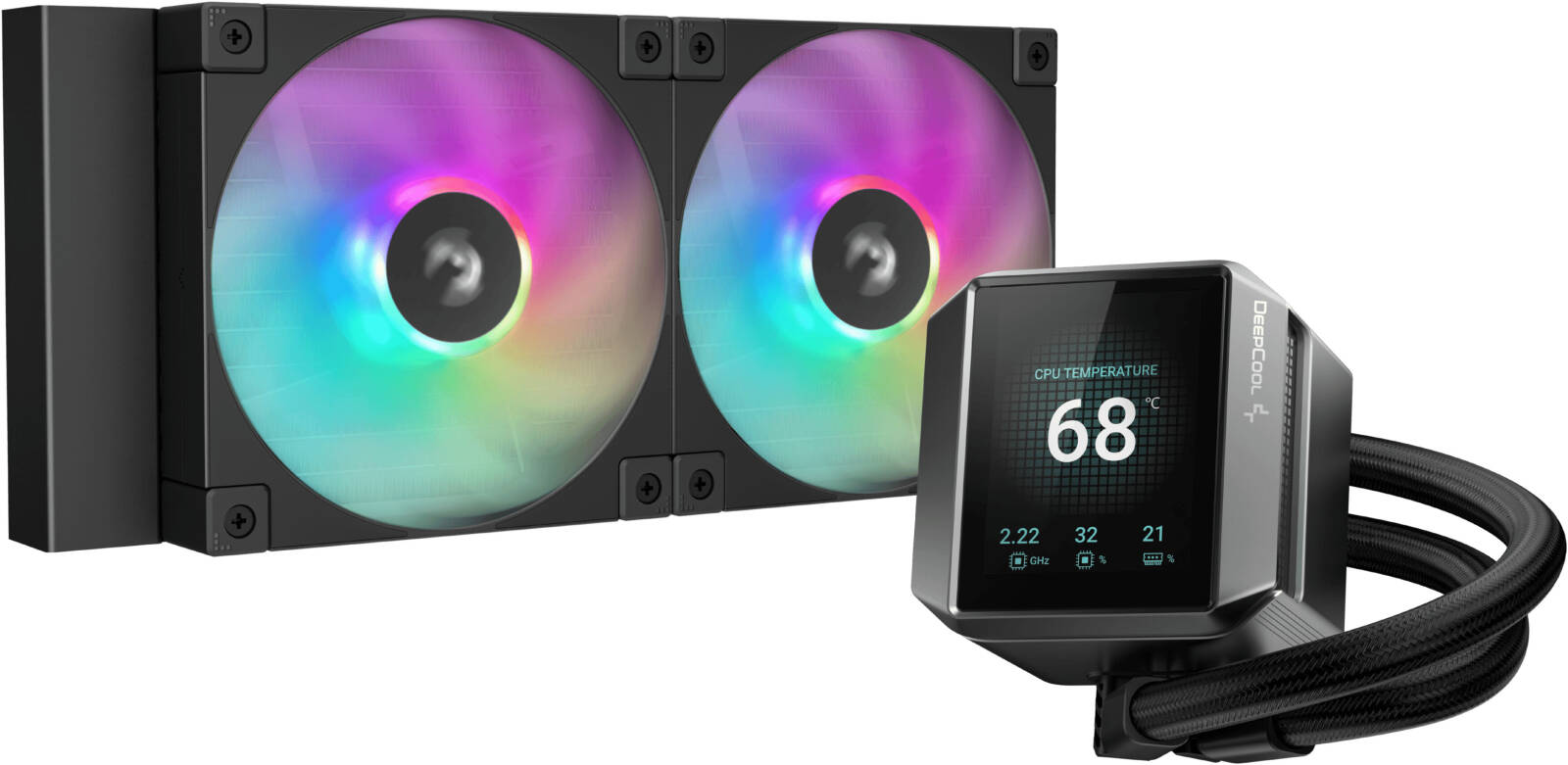 Cooler DeepCool "MYSTIQUE 240", skt. Intel si AMD, racire cu lichid, 2 x 120mm, 600 - 2400 RPM, iluminare RGB, afisaj digital, negru "R-LX550-BKADSNC-G-1" (timbru verde 2.00 lei)