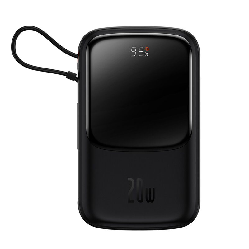 POWER BANK Baseus Qpow Pro Digital Display, 20000mAh, 20W, 1 x cablu integrat Iphone Lightning output, 1 x USB, 1 x USB Type-C, negru, "PPQD040001" (timbru verde 0.98 lei) - 6932172619671