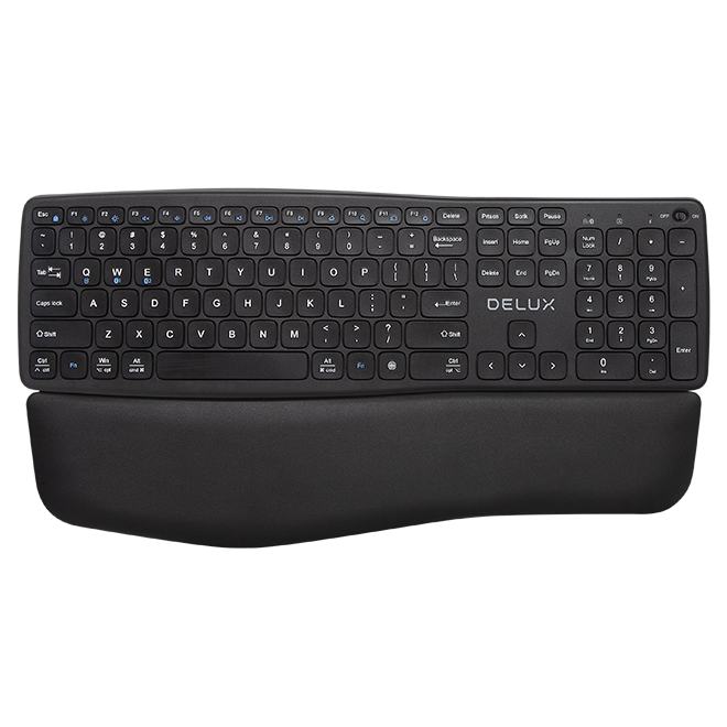 TASTATURA DELUX, wireless, 2.4GHz + BT 2 canale, 106 taste, ergonomica, multimedia, palmrest, ac. 210mAh Li-polimer, USB-C, negru, "GM908CV-BK" (timbru verde 0.8 lei)