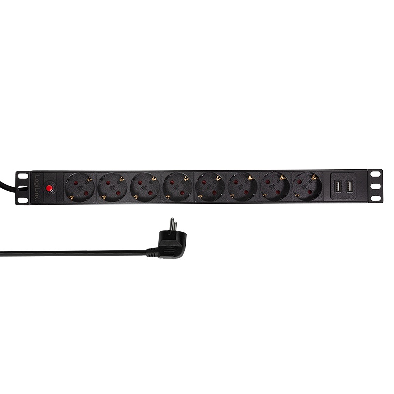 PDU LOGILINK 1U pt. rack 19 inch, 8 prize Schuko, intrare Schuko, max 16 A, on/off, protectie la supratensiune, 2 x USB 2.1A, 2 m, "PDU8C02" (timbru verde 0.8 lei)