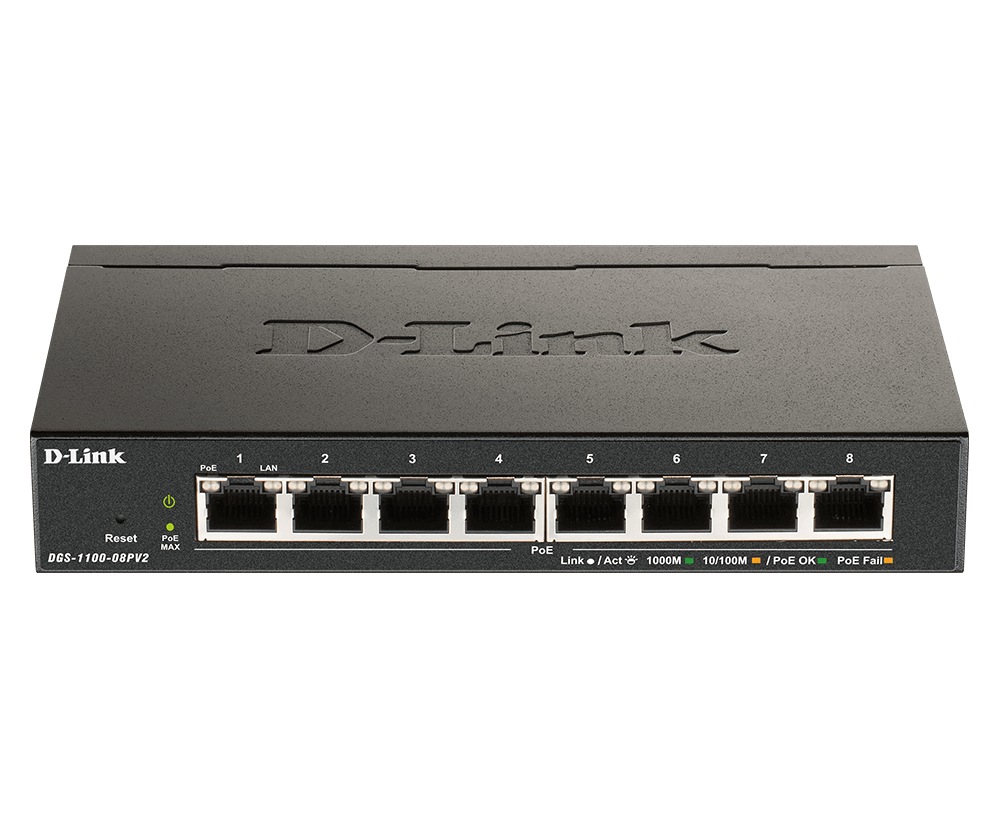 SWITCH PoE D-LINK Smart 8 porturi Gigabit (8 PoE) IEEE 802.3af, carcasa metalica, "DGS-1100-08PV2" (timbru verde 2 lei)