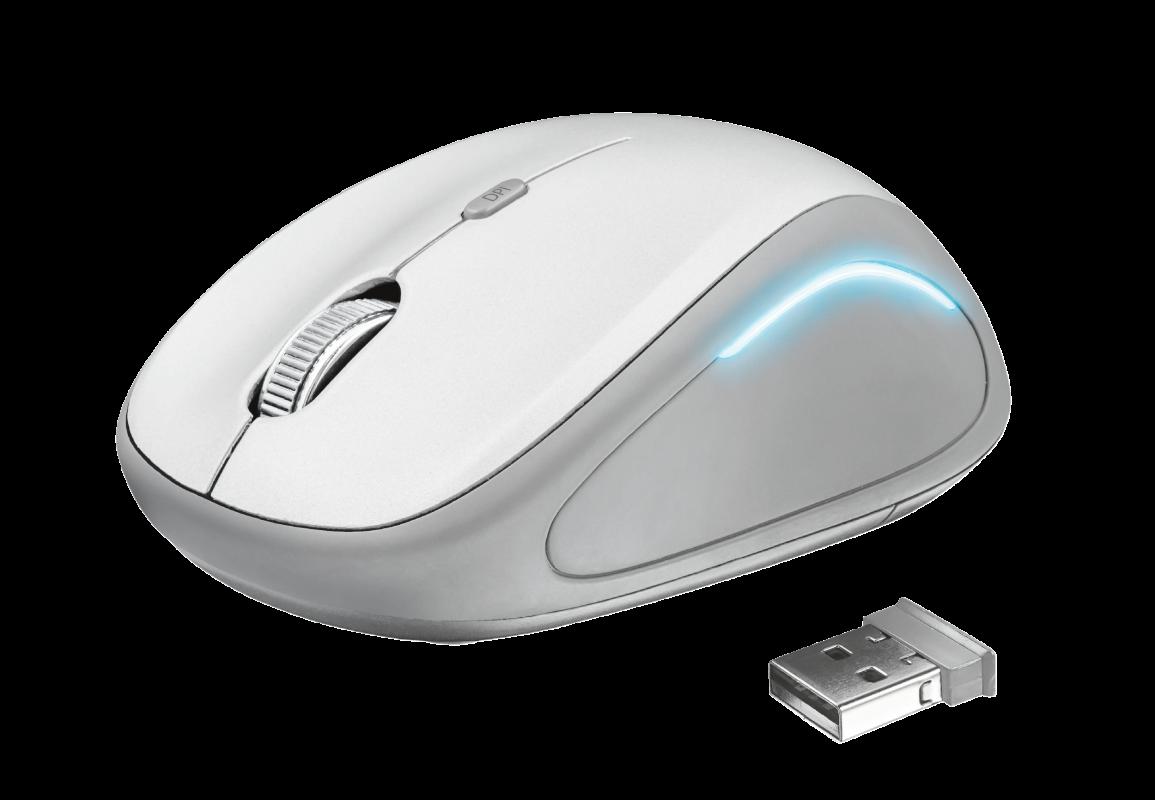 MOUSE TRUST, "Yvi FX", PC sau NB, wireless, 2.4GHz, optic, 1600 dpi, butoane/scroll 4/1, iluminare, buton selectare viteza, alb, "TR-22335" (timbru verde 0.18 lei)