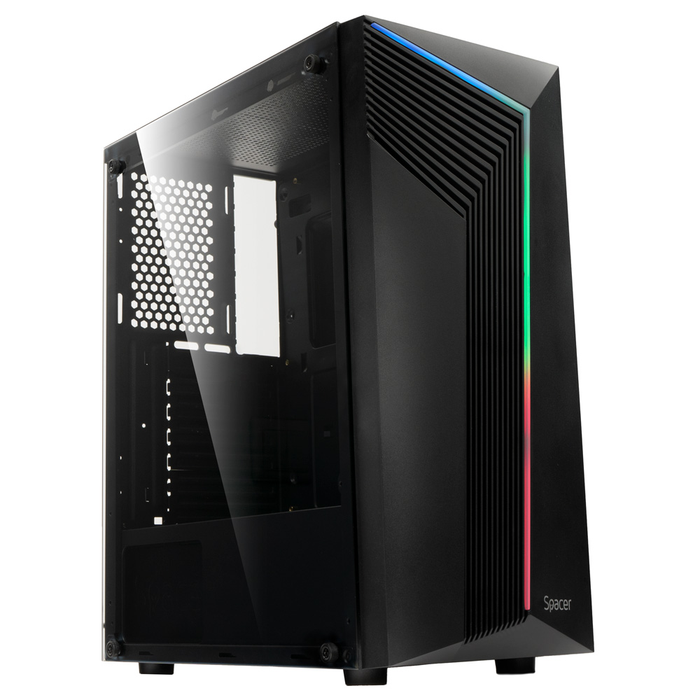 CARCASA SPACER - gaming, Middle Tower, ATX, "WARRIOR", fara sursa, sticla securizata, USB 2.0 x 2, USB 3.0 x 1, HD Audio x 2, PSU shroud, banda LED RGB, black "SPCS-GC-WARRIOR"