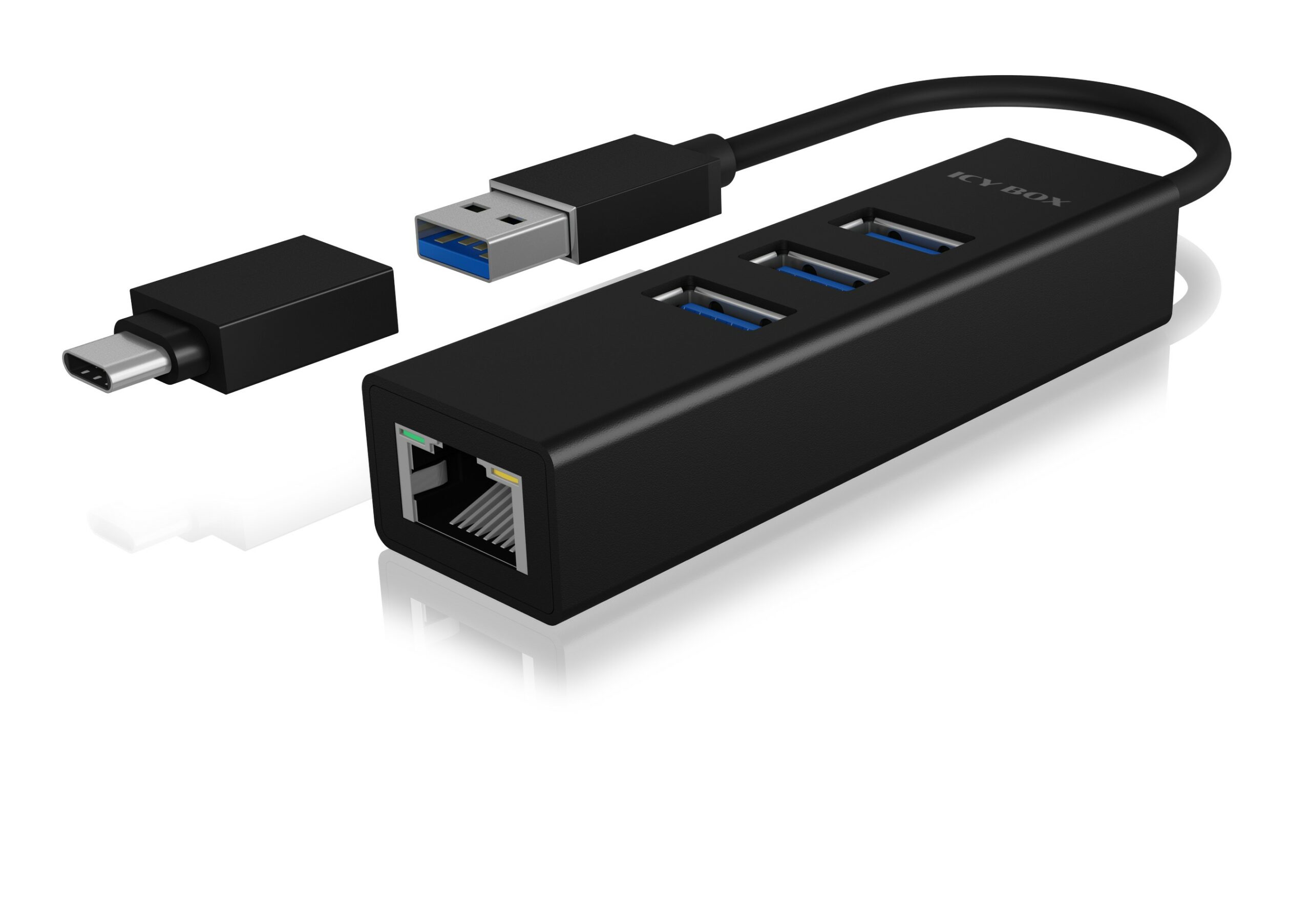 DOCKING Station Icy Box, porturi USB: USB 3.0 x 3, USB-C x 2, conectare prin USB w. adaptor la USB-C, Gigabit RJ45 x 1, aluminiu, negru, "IB-HUB1419-LAN" (timbru verde 0.8 lei)