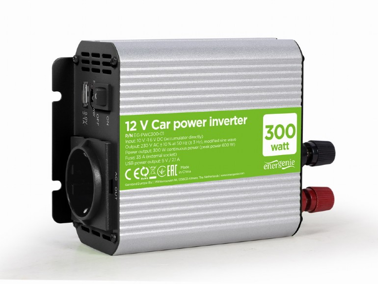 INVERTER GEMBIRD cu sinusoida simulata, Inverter auto, 300W, Schuko x 1, USB 5V / 2.1A, baterie 10-16V, "EG-PWC300-01", (timbru verde 4 lei)