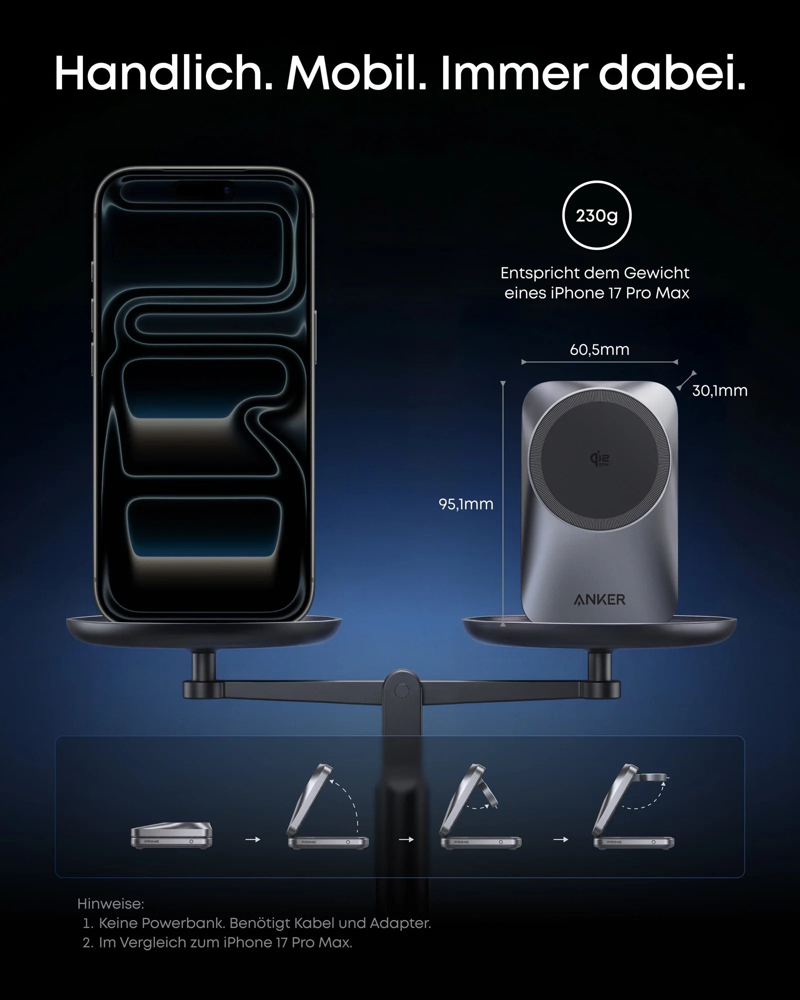 Statie de incarcare wireless 3 in 1 Anker, Prime, 45W, portabil, pliabil, fast charge, pentru iPhone seriile 12-17, Apple Watch, AirPods,exceptie iPhone 17 Air, 1 x USB-C incarcare, gri, "B25N1G11" - 0194644321809 - imagine 5