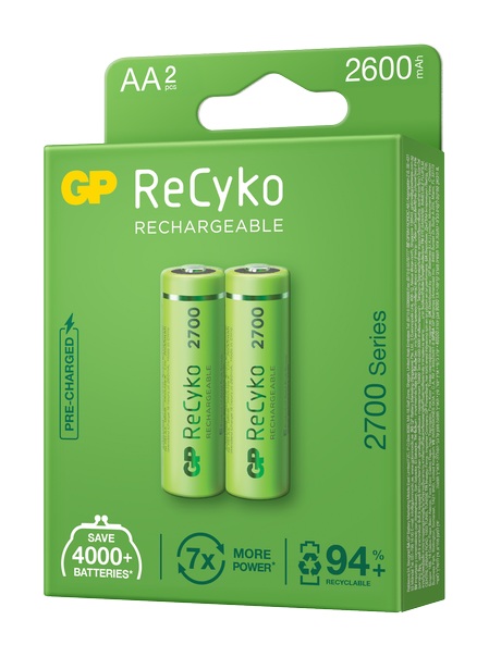 Acumulatori GP Batteries, ReCyco 2600mAh AA (LR6) 1.2V NiMH, paper box 2 buc. 270AAHCE-EB2, "GPRHC272E022" (timbru verde 0.16 lei)