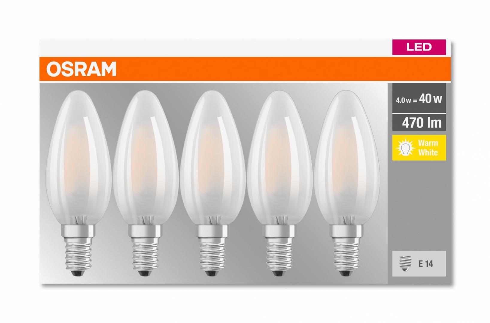 SET 5 becuri LED Osram, soclu E14, putere 4W, forma lumanare, lumina alb calda, alimentare 220 - 240 V, "000004058075090682" (timbru verde 2.25 lei)