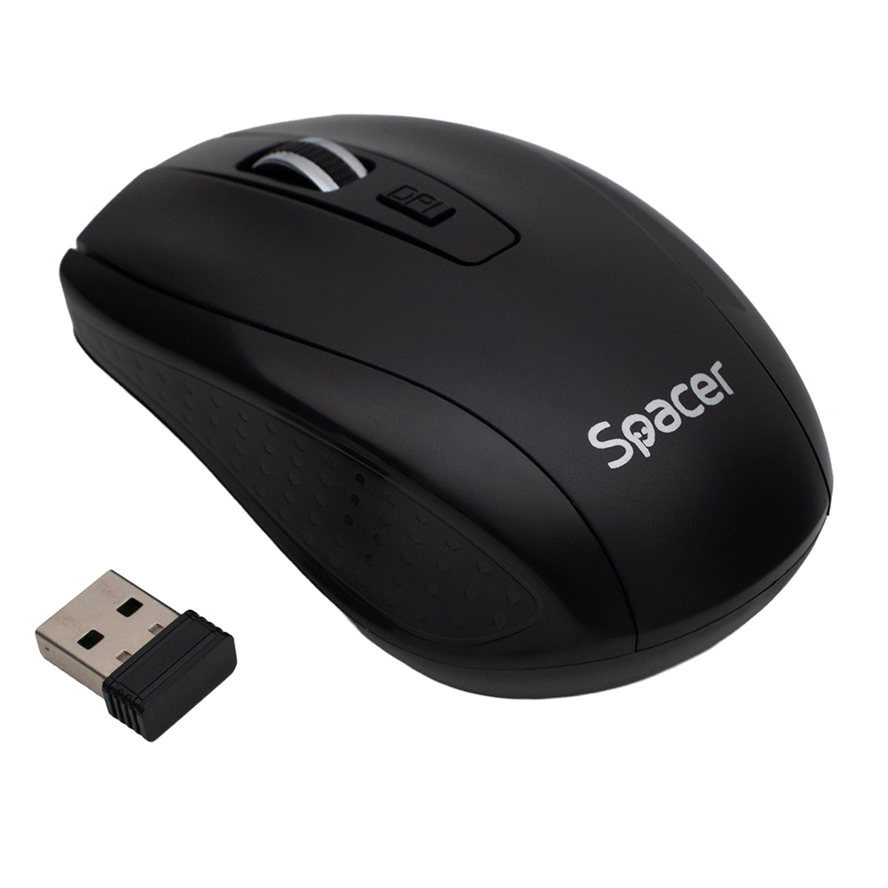 MOUSE Spacer, PC sau NB, wireless, 2.4GHz, optic, max.1600 dpi, butoane/scroll 4/1, rezolutie selectabila, buton ON/OFF, 2 baterii AAA incluse, negru, "SPMO-WS-BK-04" (timbru verde 0.18 lei)