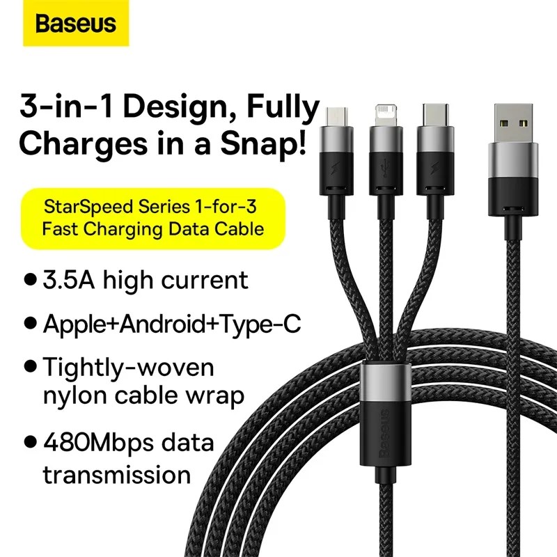 CABLU alimentare si date Baseus StarSpeed 1-for-3, pt. smartphone, USB la Micro-USB + Lightning Iphone + USB Type-C, 1.2m, negru "CAXS000001" (timbru verde 0.18 lei) - 6932172622268