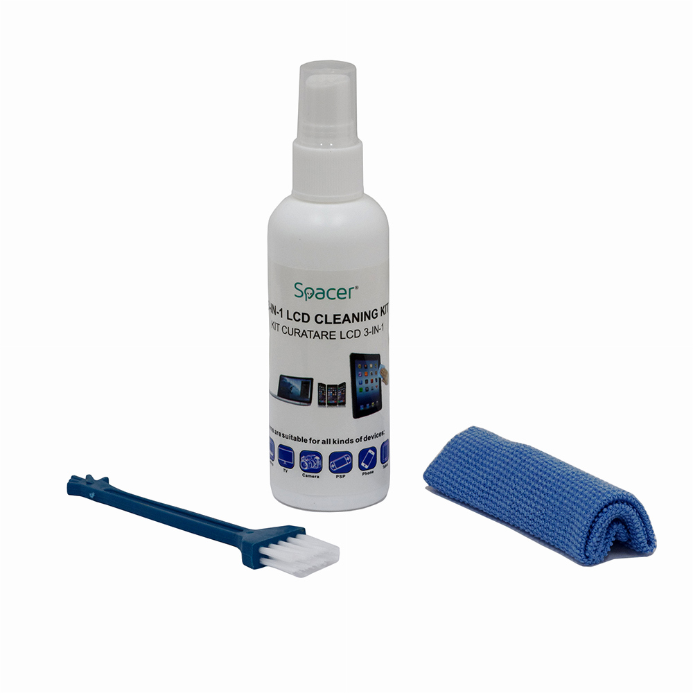 KIT curatare LCD 3-in-1 Spacer, solutie curatare 100ml, pensula, servetel microfibre, 45507055 "SP-CL-01"
