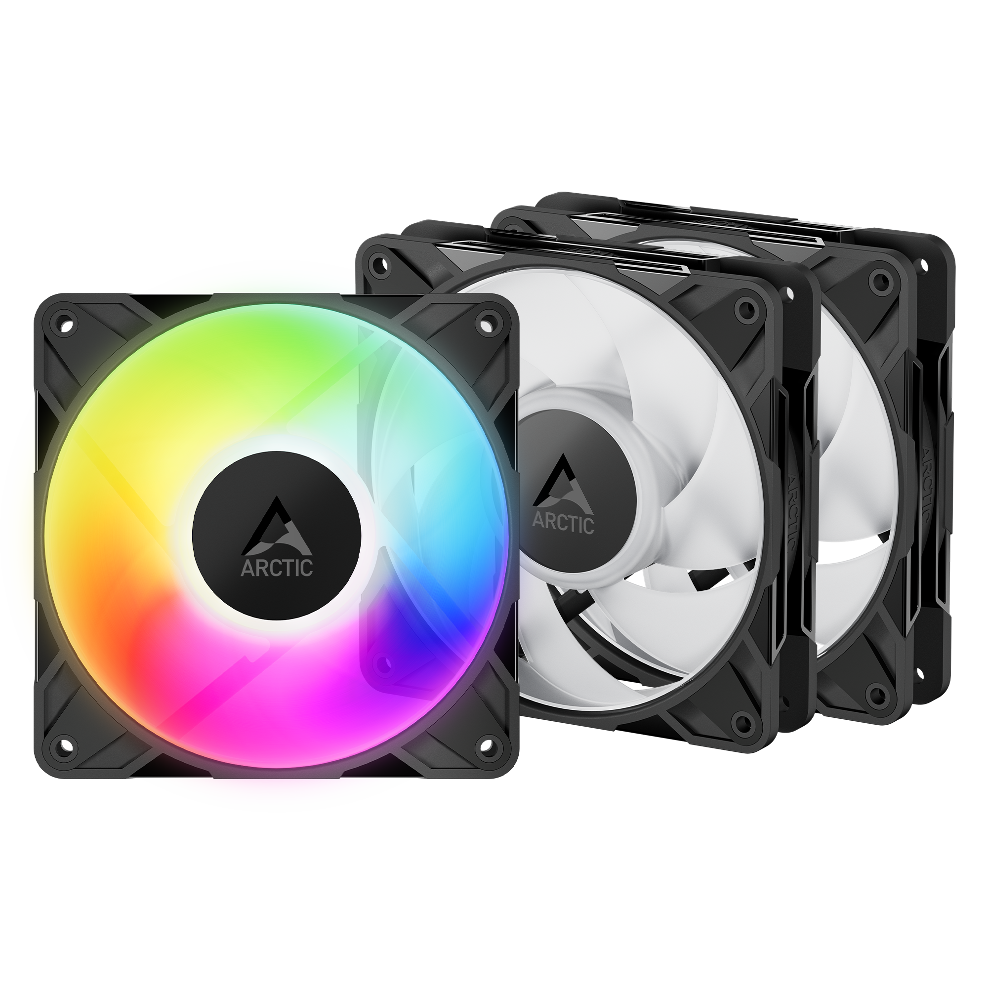 Set 3 ventilatoare Arctic "P12 Pro A-RGB LN - 3 Pack", 120mm, 450 - 2000 RPM, FDB, 49 cfm, 4-Pin Fan Plug + 4-Pin Socket/3-Pin A-RGB Plug + 3-Pin Socket, negru, "ACFAN00347A" (timbru verde 0.54lei)