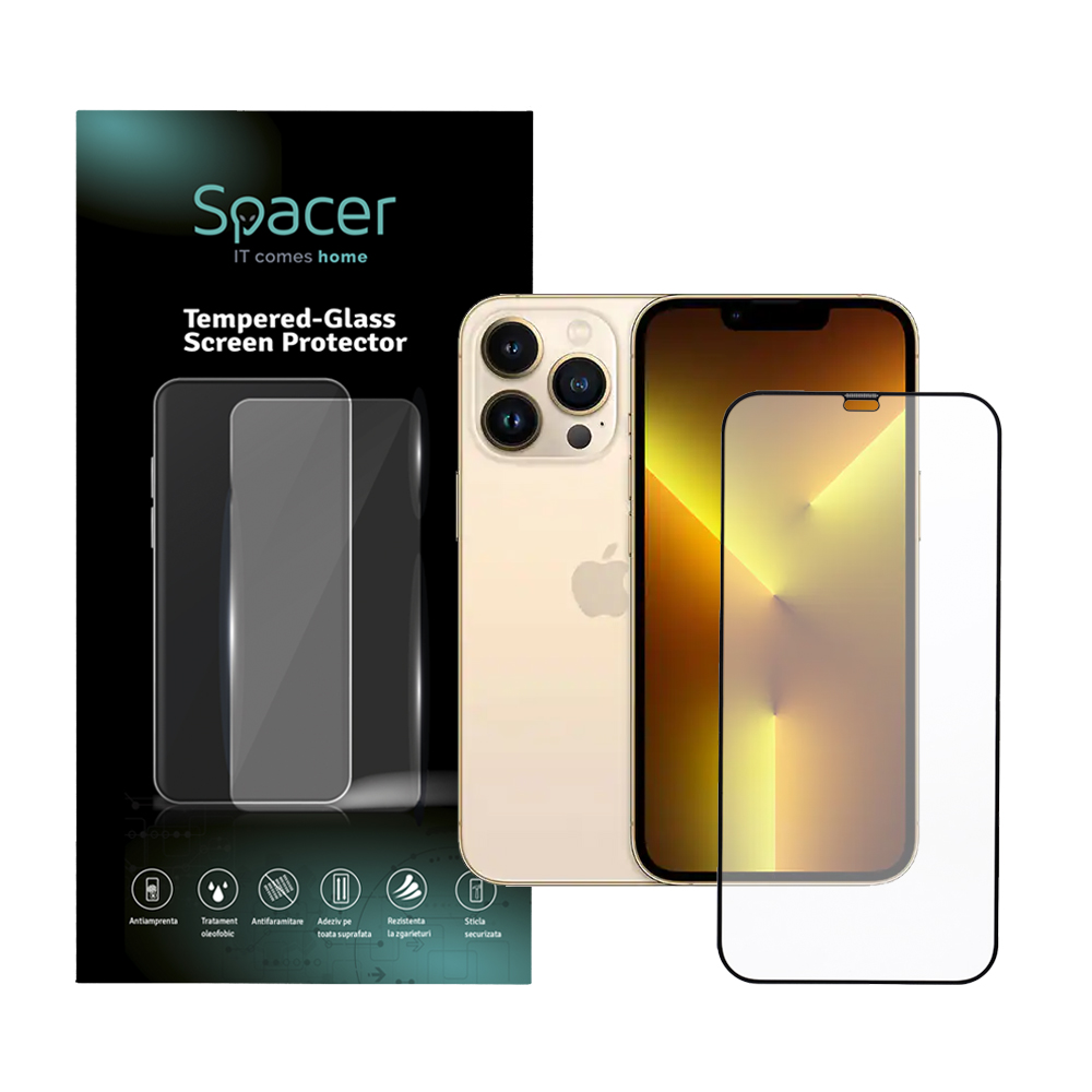 FOLIE STICLA Spacer pentru Iphone 12 Pro Max, grosime 0.3mm, acoperire totala ecran, strat special anti-ulei si anti-amprenta, Tempered Glass, sticla 9D, duritate 9H "SPPG-AP-IP12PM-TG"