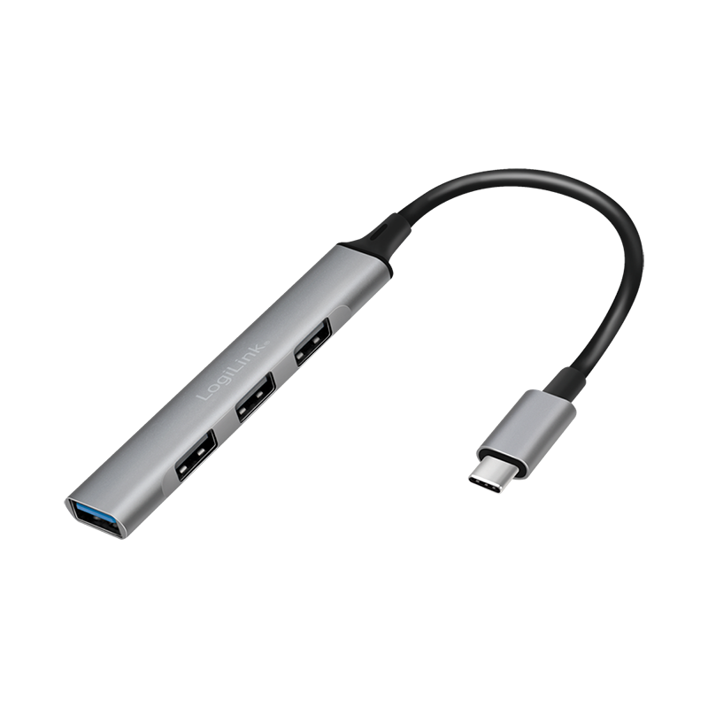 HUB extern LOGILINK, porturi USB: USB-A 3.2 x 1 + USB-A 2.0 x 3, conectare prin USB-C, aluminiu, prot. supracurent, supratensiune, gri, "UA0392" (timbru verde 0.18 lei)