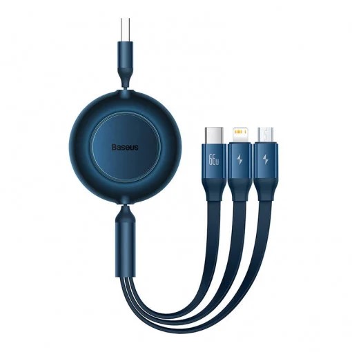 CABLU alimentare si date Baseus Bright Mirror One-for-three Retractable, pt smartphone,USB Type-C la Micro-USB+Lightning+USB Type-C 66W,1.1m,albastru "CAMJ010103" (timbru verde 0.18 lei) - 6932172609108